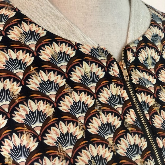 French Floral Zip-up Bomber Jacket navy blue and cream with metallic gold size S - Picture 4 of 13